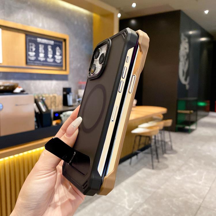 For iPhone 16 Plus Skin Feel Frameless MagSafe PC Phone Case with Fold Holder(Black) - iPhone 16 Plus Cases by PMc TechLife | Online Shopping South Africa | PMc TechLife | Buy Now Pay Later Mobicred