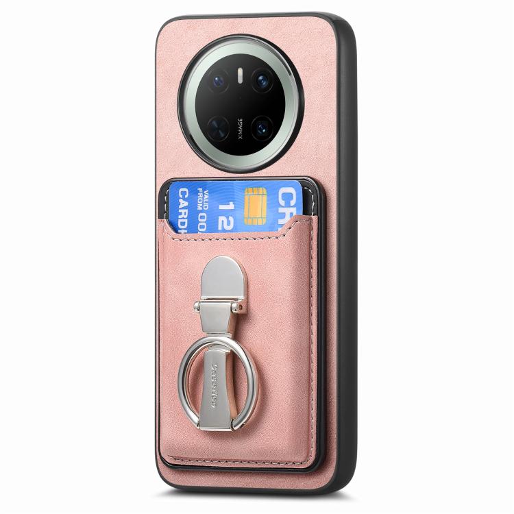 For Huawei Mate 70 Pro Retro Folding Ring Holder Card Bag MagSafe Phone Case(Pink) - Huawei Cases by PMC TechLife | Online Shopping South Africa | PMC TechLife | Buy Now Pay Later Mobicred