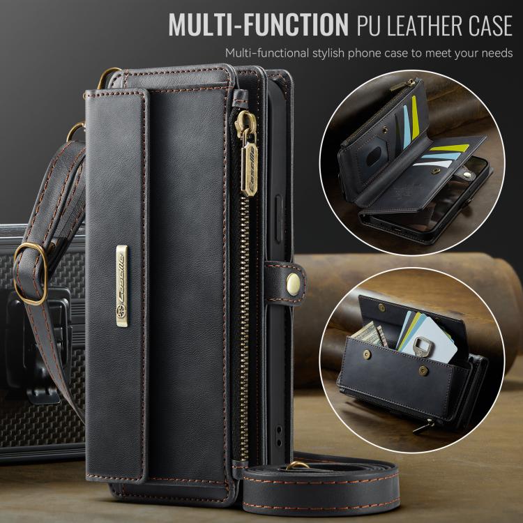 For iPhone 16e CaseMe C39 RFID Blocking Zipper Wallet Leather Phone Case with Crossbody Strap(Black) - free shipping - PMc TechLife - Order now!