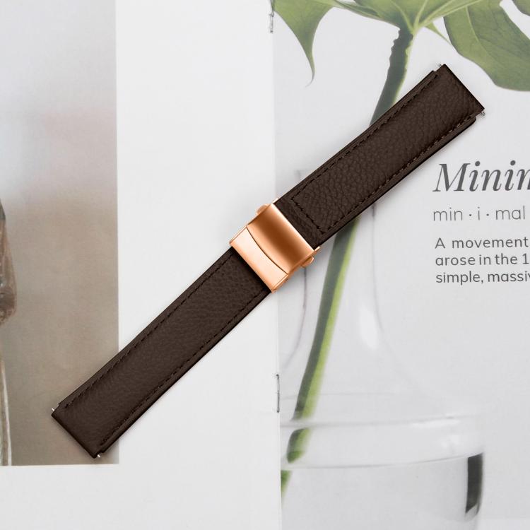 20mm Lychee Texture Rose Gold Turtle Back Buckle Leather Watch Band(Coffee Color) - free shipping - PMC TechLife - Order now!