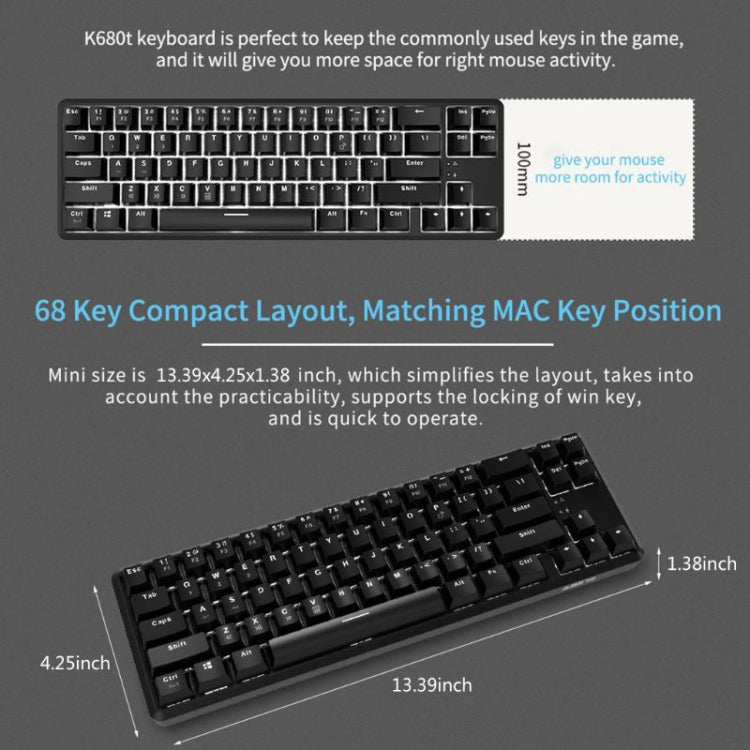 Ajazz K680T Mini USB Wired Dual-mode Charging 68-keys Laptop Bluetooth Mechanical Keyboard, Cable Length: 1.6m, Style:Black Shaft(Black) - Wired Keyboard by Ajazz | Online Shopping South Africa | PMC Jewellery | Buy Now Pay Later Mobicred