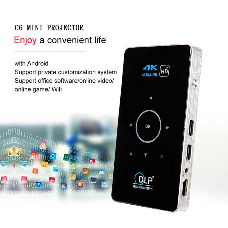 C6 1G+8G Android System Intelligent DLP HD Mini Projector Portable Home Mobile Phone Projector， UK Plug (Black) - Mini Projector by PMC Jewellery | Online Shopping South Africa | PMC Jewellery | Buy Now Pay Later Mobicred