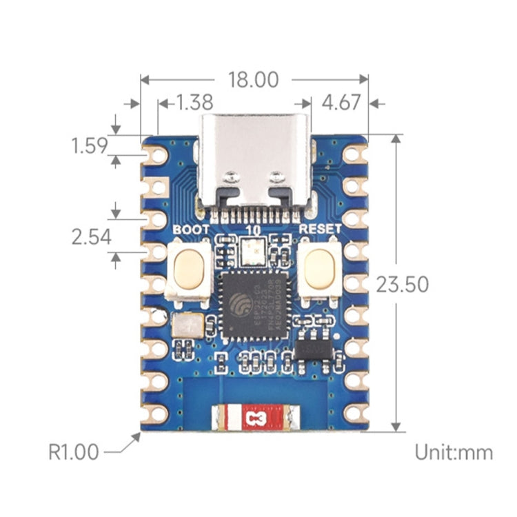 Waveshare 2.4GHz ESP32-C3 Mini Development Board, Based ESP32-C3FN4 Single-core Processor with Header - free shipping - PMC TechLife - Order now!