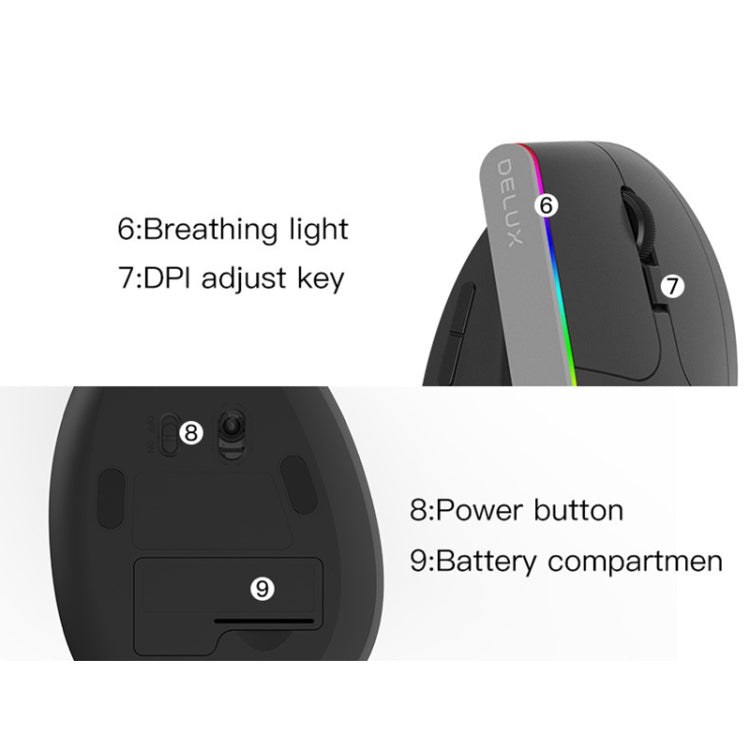 DELUX M618DB 6-Keys 1600 DPI RGB Vertical Wireless Bluetooth Dual-Mode Mouse(Lithium Bluetooth Version) - Wireless Mice by DELUX | Online Shopping South Africa | PMC Jewellery | Buy Now Pay Later Mobicred