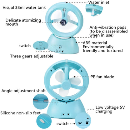 Mini USB Rechargeable Spray Fan Student Dormitory Office Desktop Mute Fan(Frosted Sky Blue) - Electric Fans by PMC Jewellery | Online Shopping South Africa | PMC Jewellery | Buy Now Pay Later Mobicred