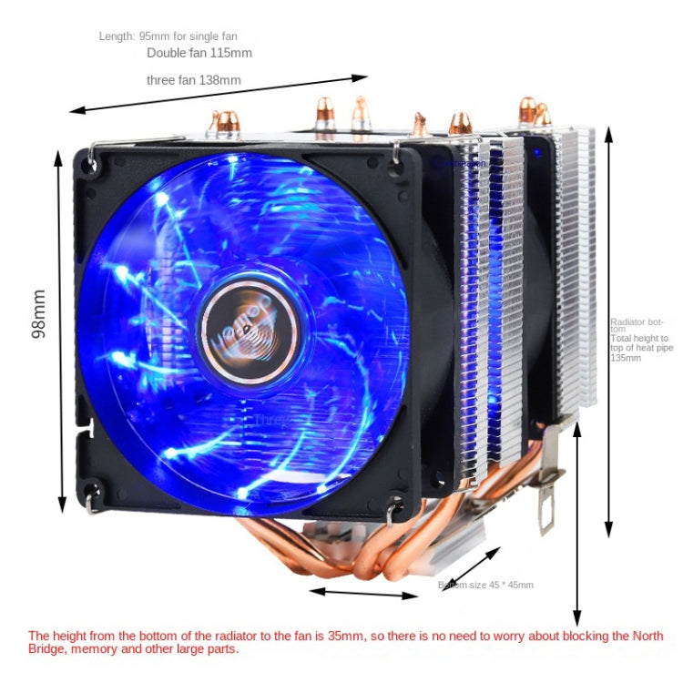 Desktop Computer Double Copper Tube CPU Radiator Super Quiet Color Light 3-pin Single Fan - Fan Cooling by PMC TechLife | Online Shopping South Africa | PMC TechLife | Buy Now Pay Later Mobicred