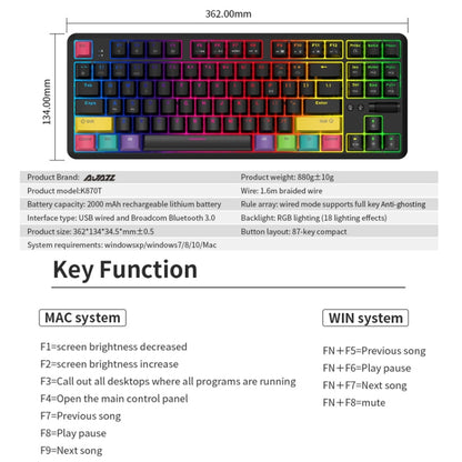 Ajazz K870T 87-Key Hot Swap Bluetooth/Wired Dual Mode RGB Backlight Office Game Mechanical Keyboard Red Shaft (Black) - Wireless Keyboard by Ajazz | Online Shopping South Africa | PMC Jewellery | Buy Now Pay Later Mobicred