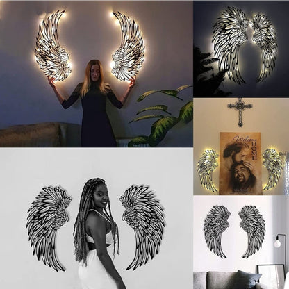 1pair 45cm Double Sided Black Engraved Metal LED Angel Wings Wall Hanging Decoration With Lights - Ornaments by PMC Jewellery | Online Shopping South Africa | PMC Jewellery