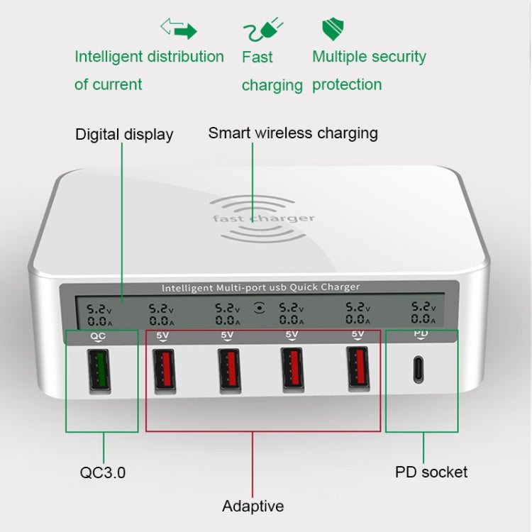 818PF 5 USB Ports + Type-C Smart Digital Display Wireless Phone Charger, Style: EU Plug (Black) - Multifunction Charger by PMC TechLife | Online Shopping South Africa | PMC TechLife | Buy Now Pay Later Mobicred