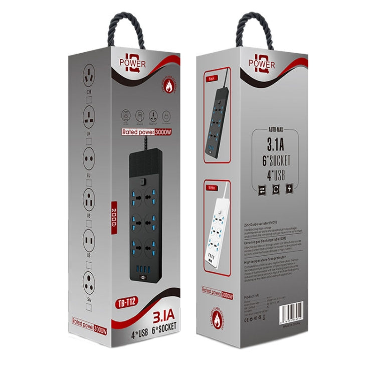TB-T12 3000W 2m 4-USB Ports + 6-Jacks Multifunctional Flame-Retardant Socket With Switch(EU Plug) - Extension Socket by PMC TechLife | Online Shopping South Africa | PMC TechLife | Buy Now Pay Later Mobicred