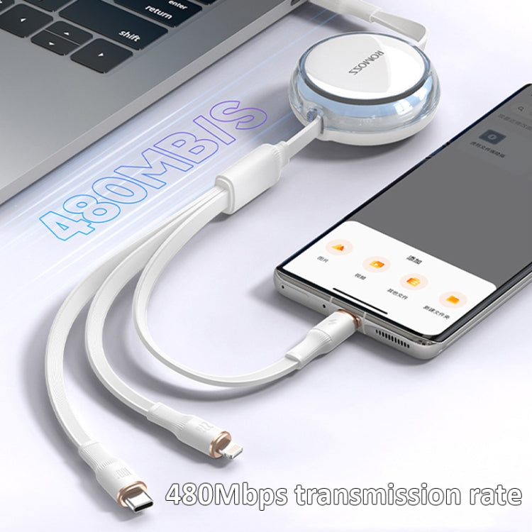 ROMOSS PD100W 3-In-1 Retractable Data Cable Type-C/USB-C To 8 Pin & Type-C & Micro Line 1.1m (White) - Multifunction Cable by ROMOSS | Online Shopping South Africa | PMC Jewellery | Buy Now Pay Later Mobicred