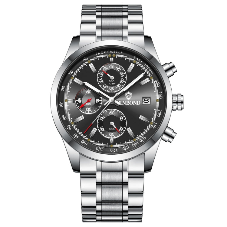 BINBOND B6022 30m Waterproof Luminous Multifunctional Quartz Watch, Color: White Steel-Black - Metal Strap Watches by BINBOND | Online Shopping South Africa | PMC Jewellery