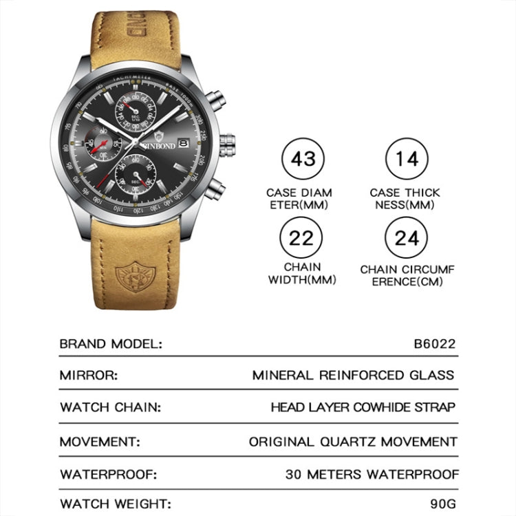 BINBOND B6022 30m Waterproof Luminous Multifunctional Quartz Watch, Color: Inter-Gold-Black - Metal Strap Watches by BINBOND | Online Shopping South Africa | PMC Jewellery