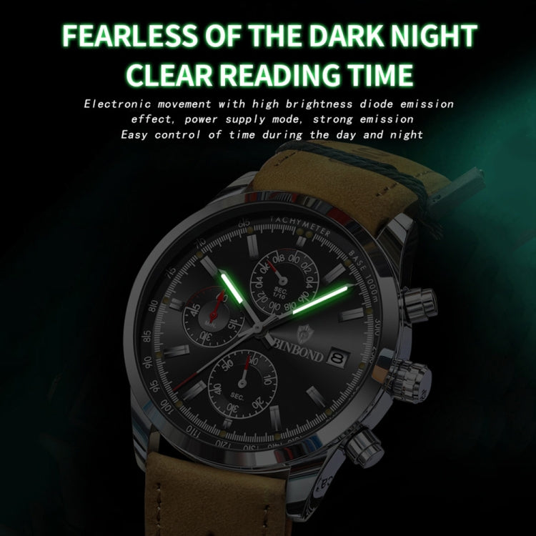 BINBOND B6022 30m Waterproof Luminous Multifunctional Quartz Watch, Color: White Steel-Green - Metal Strap Watches by BINBOND | Online Shopping South Africa | PMC Jewellery