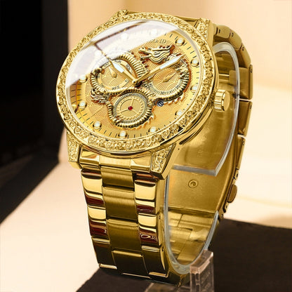 BINBOND B3030 Embossed Dragon Luminous Waterproof Quartz Watch, Color: Brown Leather-Full-gold-Gold - Leather Strap Watches by BINBOND | Online Shopping South Africa | PMC Jewellery