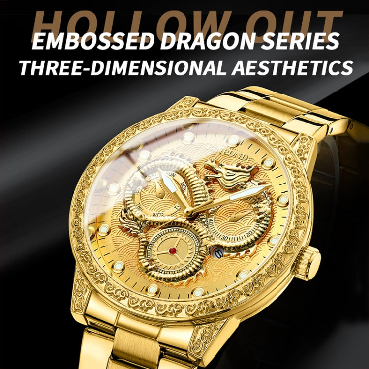 BINBOND B3030 Embossed Dragon Luminous Waterproof Quartz Watch, Color: Brown Leather-Full-gold-White - Leather Strap Watches by BINBOND | Online Shopping South Africa | PMC Jewellery