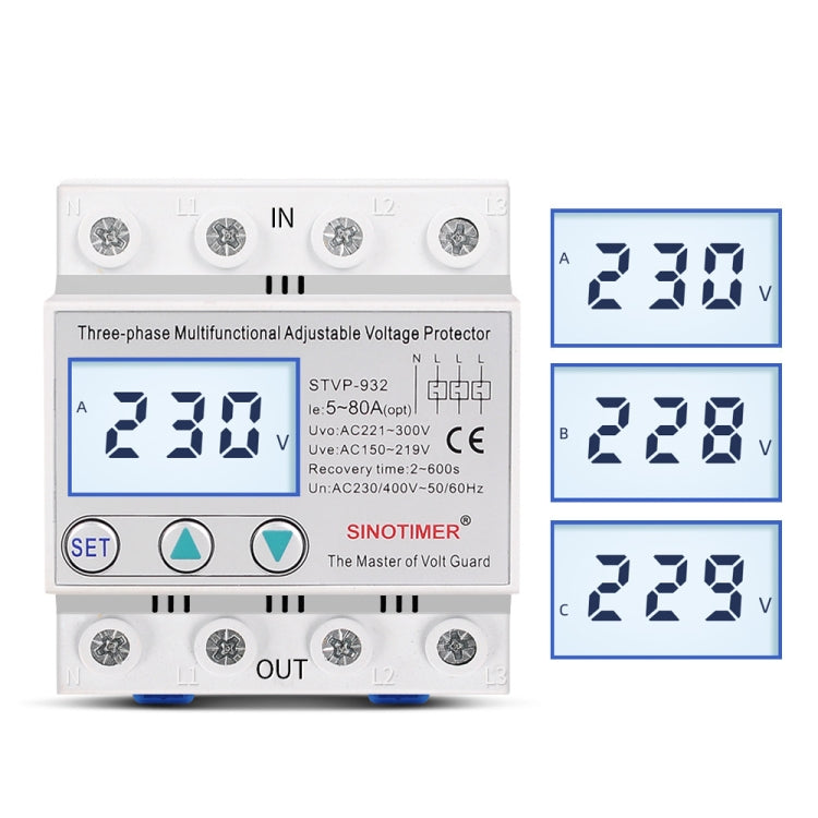 SINOTIMER STVP-932 63A 3-phase 380V LCD Self-resetting Adjustable Surge Voltage Protector - free shipping - PMC TechLife - Order now!