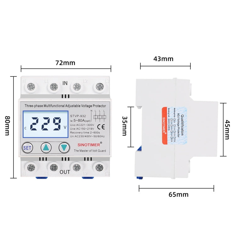 SINOTIMER STVP-932 40A 3-phase 380V LCD Self-resetting Adjustable Surge Voltage Protector - Other Tester Tool by SINOTIMER | Online Shopping South Africa | PMC Jewellery | Buy Now Pay Later Mobicred