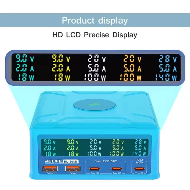 RELIFE RL-304R 5-Port 260W GaN Smart USB Fast Charger With 15W Wireless Chargind LCD Display(US Plug) - Multifunction Charger by RELIFE | Online Shopping South Africa | PMC Jewellery | Buy Now Pay Later Mobicred