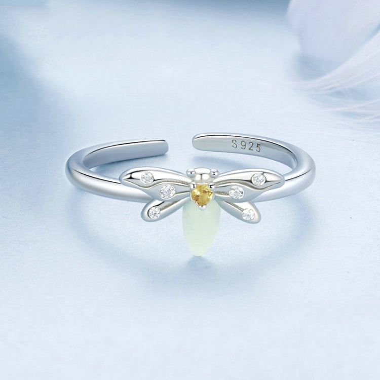 S925 Platinum-plated Sterling Silver Luminous Bee Open Adjustable Ring(BSR521-E) - Rings by PMC Jewellery | Online Shopping South Africa | PMC Jewellery