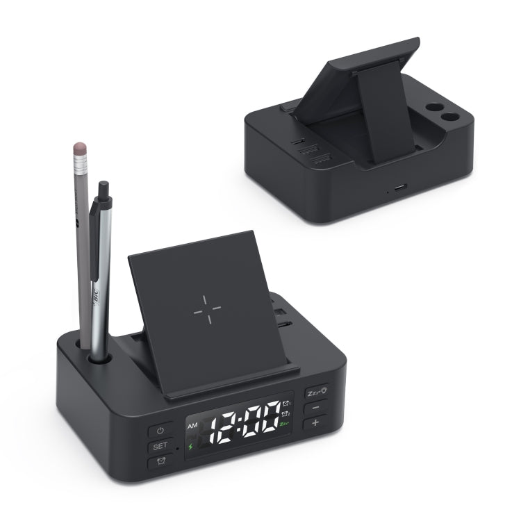 Wireless Charger Alarm Clock Foldable Mobile Stand With Pen Holder & Dual USB +1 Type-C Output(Black) - Multifunction Charger by PMC Jewellery | Online Shopping South Africa | PMC Jewellery | Buy Now Pay Later Mobicred