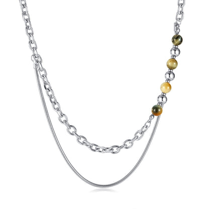 OPK GX2414 Personalized Simple Stainless Steel Double Layer Chain Splicing Tiger Eye Stone Necklace - Necklaces & Pendants by OPK | Online Shopping South Africa | PMC Jewellery | Buy Now Pay Later Mobicred