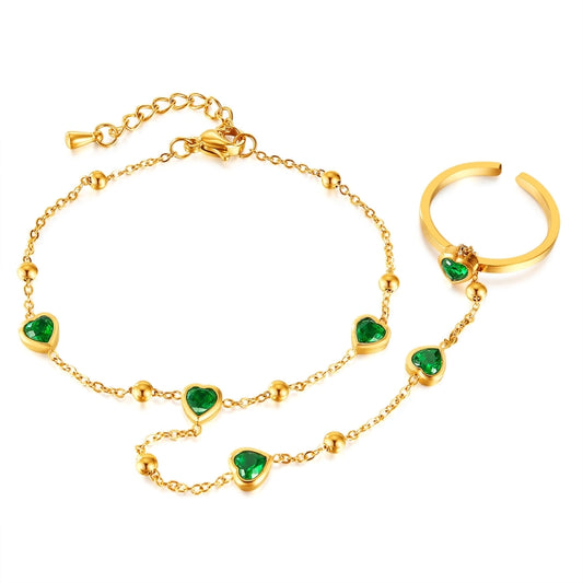 OPK GS1558 2 In 1 Emerald Heart Zirconia Stainless Steel Ring Bracelet - Bracelets by OPK | Online Shopping South Africa | PMC Jewellery | Buy Now Pay Later Mobicred