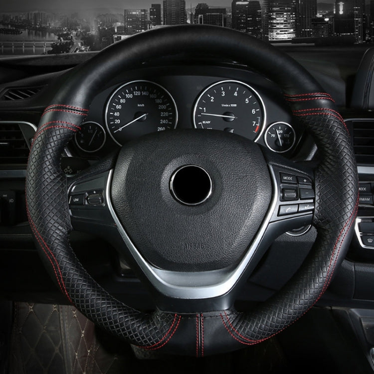 38cm Cowhide Embossed Hand-Stitched Double-Line Steering Wheel Cover(Black Orange Line) - Steering Wheel Accessories by PMC TechLife | Online Shopping South Africa | PMC TechLife | Buy Now Pay Later Mobicred
