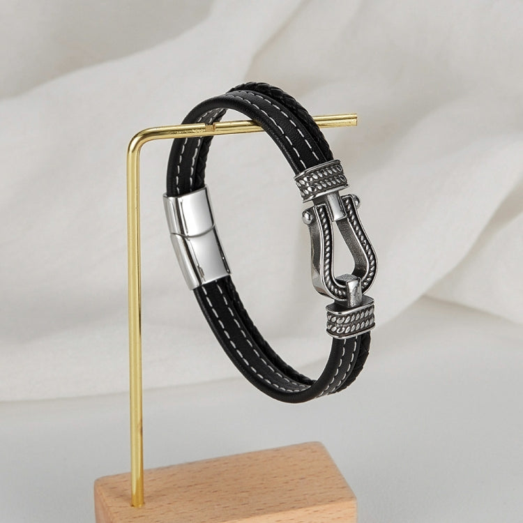 OPK PH1593 Stainless Steel Horseshoe Buckle Accessories Double Braided Leather Bracelet - Bracelets by OPK | Online Shopping South Africa | PMC Jewellery | Buy Now Pay Later Mobicred