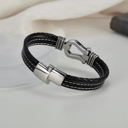 OPK PH1593 Stainless Steel Horseshoe Buckle Accessories Double Braided Leather Bracelet - Bracelets by OPK | Online Shopping South Africa | PMC Jewellery | Buy Now Pay Later Mobicred