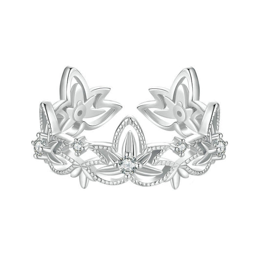 S925 Sterling Silver Hollow Lotus Open Ring Adjustable Flower Ring(BSR602-E) - Rings by PMC Jewellery | Online Shopping South Africa | PMC Jewellery | Buy Now Pay Later Mobicred