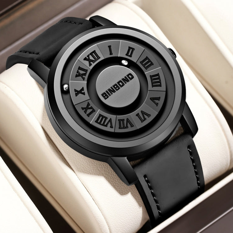 BINBOND B234 30m Waterproof Magnetic Suspension Watch, Color: Black Leather-Black Steel-Black - Leather Strap Watches by BINBOND | Online Shopping South Africa | PMC Jewellery | Buy Now Pay Later Mobicred