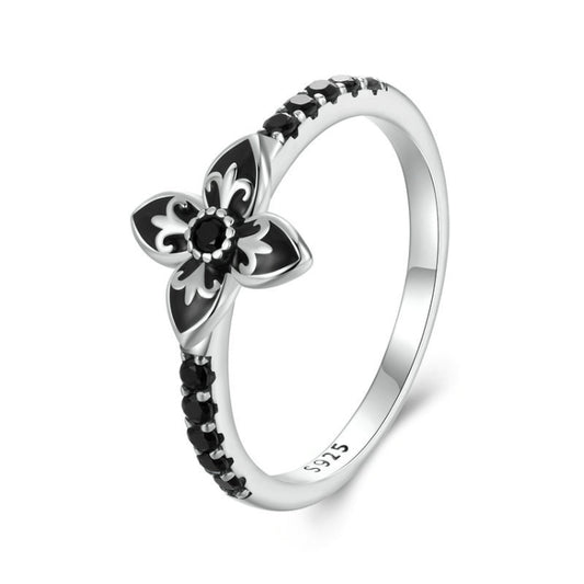 SCR1075 S925 Sterling Silver Oxidized Retro Elegant Black and White Flower Ring(7) - Rings by PMC Jewellery | Online Shopping South Africa | PMC Jewellery | Buy Now Pay Later Mobicred