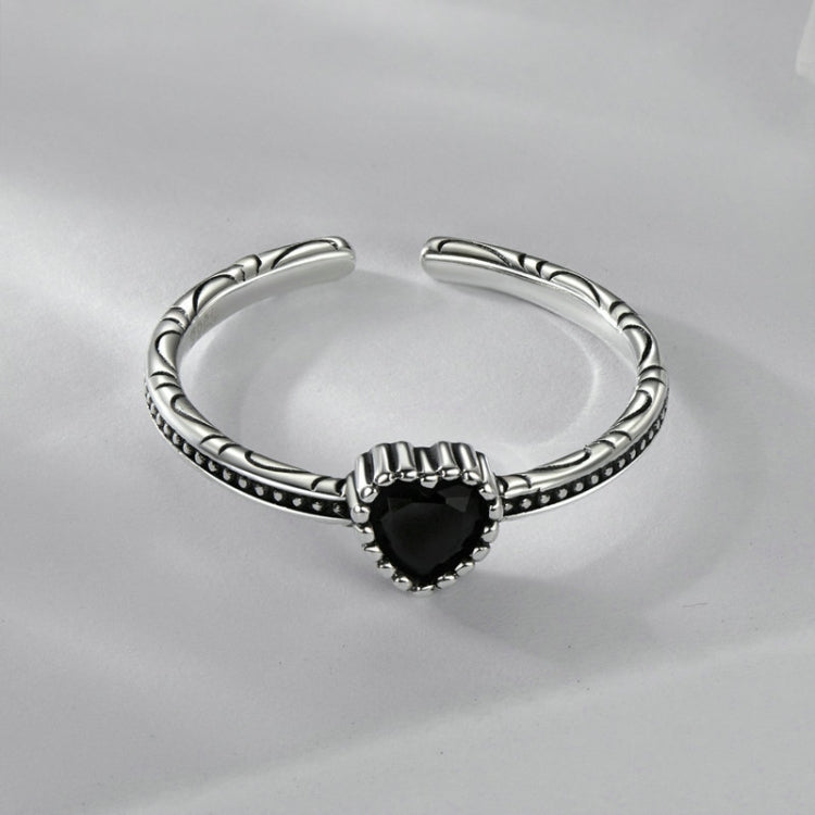 S925 Sterling Silver Oxidized Heart Of The Night Open Ring Adjustable Heart-shaped Ring(SCR1074-E) - Rings by PMC Jewellery | Online Shopping South Africa | PMC Jewellery | Buy Now Pay Later Mobicred