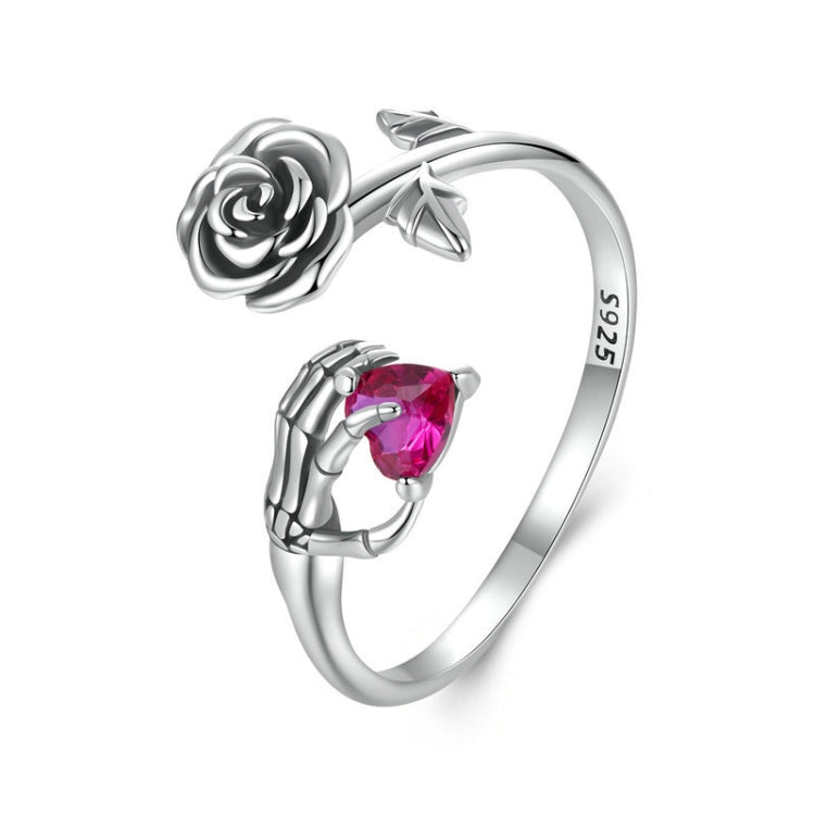 S925 Sterling Silver Rose Skull Hand Open Ring Adjustable Ring(BSR606-E) - Rings by PMC Jewellery | Online Shopping South Africa | PMC Jewellery | Buy Now Pay Later Mobicred