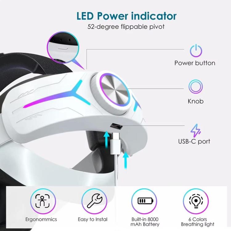 For Meta Quest 2 VR RGB Head Strap Adjustable Headband Built-in 8000 mAh Battery(Gaming Black) - free shipping - PMc TechLife - Order now!