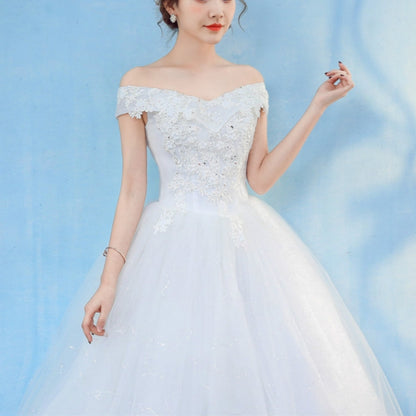 Retro Elegant Off Shoulder LaceThin Court Neat Princess Wedding Dress, Size:XXXL(White) - Wedding Dress by PMC Jewellery | Online Shopping South Africa | PMC Jewellery