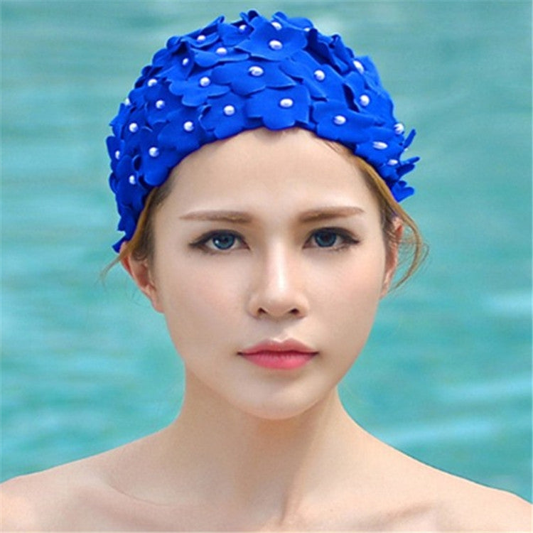 Pearl Three-dimensional Handmade Flower Swimming Cap for Women(Royal Blue) - Swimming Caps by PMC Jewellery | Online Shopping South Africa | PMC Jewellery