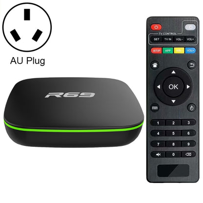 R69 1080P HD Smart TV BOX Android 4.4 Media Player with Remote Control, Quad Core Allwinner H3, RAM: 1GB, ROM: 8GB, 2.4G WiFi, LAN, AU Plug - Allwinner H3 by PMC Jewellery | Online Shopping South Africa | PMC Jewellery | Buy Now Pay Later Mobicred