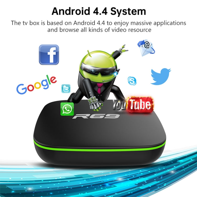 R69 1080P HD Smart TV BOX Android 4.4 Media Player with Remote Control, Quad Core Allwinner H3, RAM: 1GB, ROM: 8GB, 2.4G WiFi, LAN, AU Plug - Allwinner H3 by PMC Jewellery | Online Shopping South Africa | PMC Jewellery | Buy Now Pay Later Mobicred