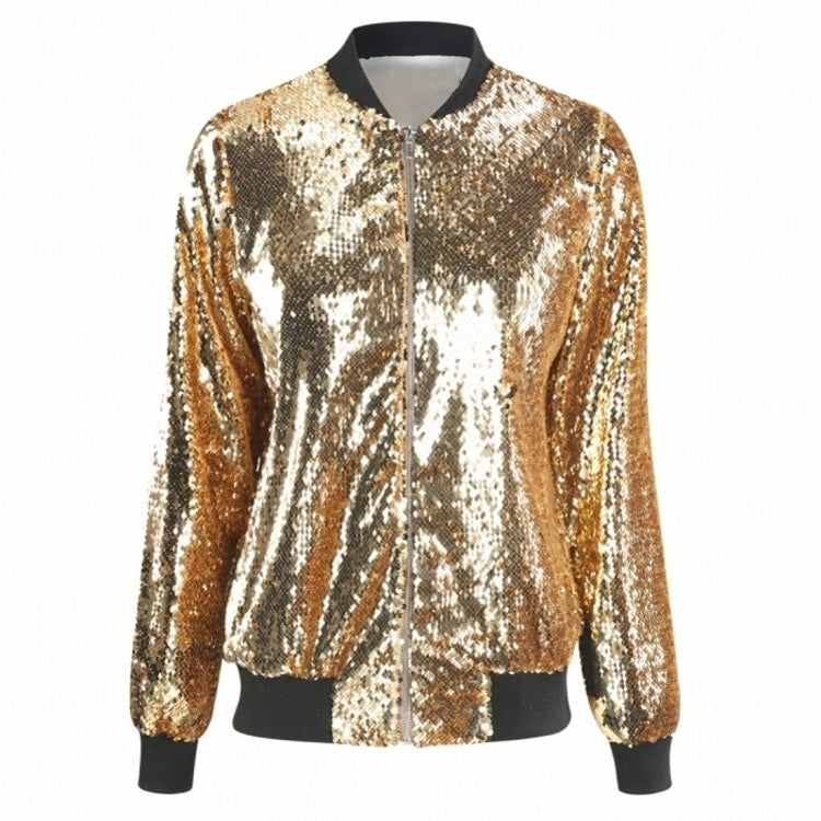 Ladies Loose Sequin Baseball Jacket (Color:Gold Size:S) - Jacket & Loose Coat by PMC Jewellery | Online Shopping South Africa | PMC Jewellery