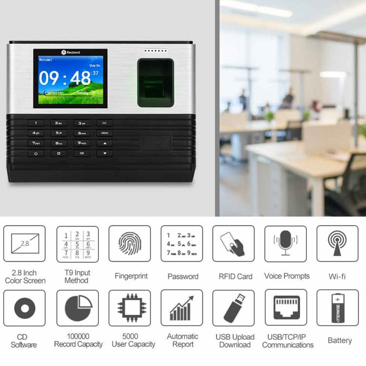 Realand AL355 Fingerprint Time Attendance with 2.8 inch Color Screen & ID Card Function & WiFi - free shipping - PMC TechLife - Order now!