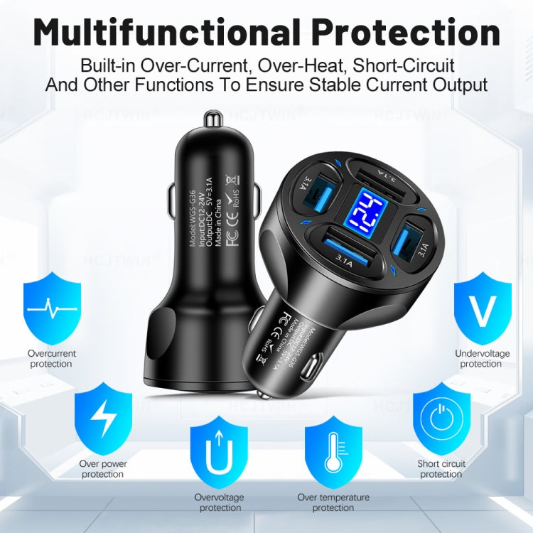 WGS-G36 3.1A 4 in 1 Digital Display Car Charger with Voltmeter (White) - free shipping - PMC TechLife - Order now!