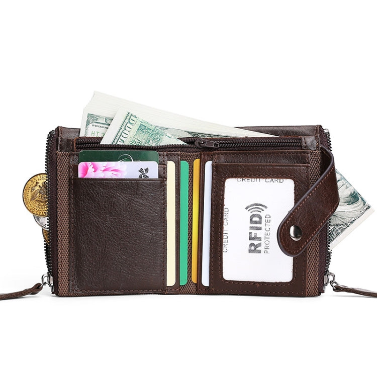 TP-197 Oil Wax Leather Multi-functional Double Zipper Clasp Antimagnetic Change RFID Leather Wallet(Black) - free shipping - PMC TechLife - Order now!