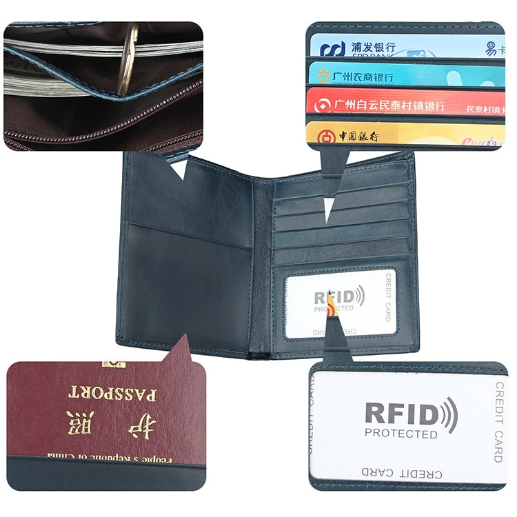 8235 Antimagnetic RFID Multi-function Crazy Horse Texture Leather Wallet Passport Bag(Blue) - free shipping - PMC TechLife - Order now!