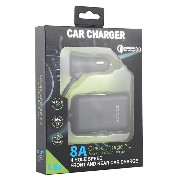 HMQ-C801 1.8m 8A Max 4 Ports USB Car Charger with Extending USB HUB for Front & Back Seat Charging (Black) - Car Charger by PMC TechLife | Online Shopping South Africa | PMC TechLife