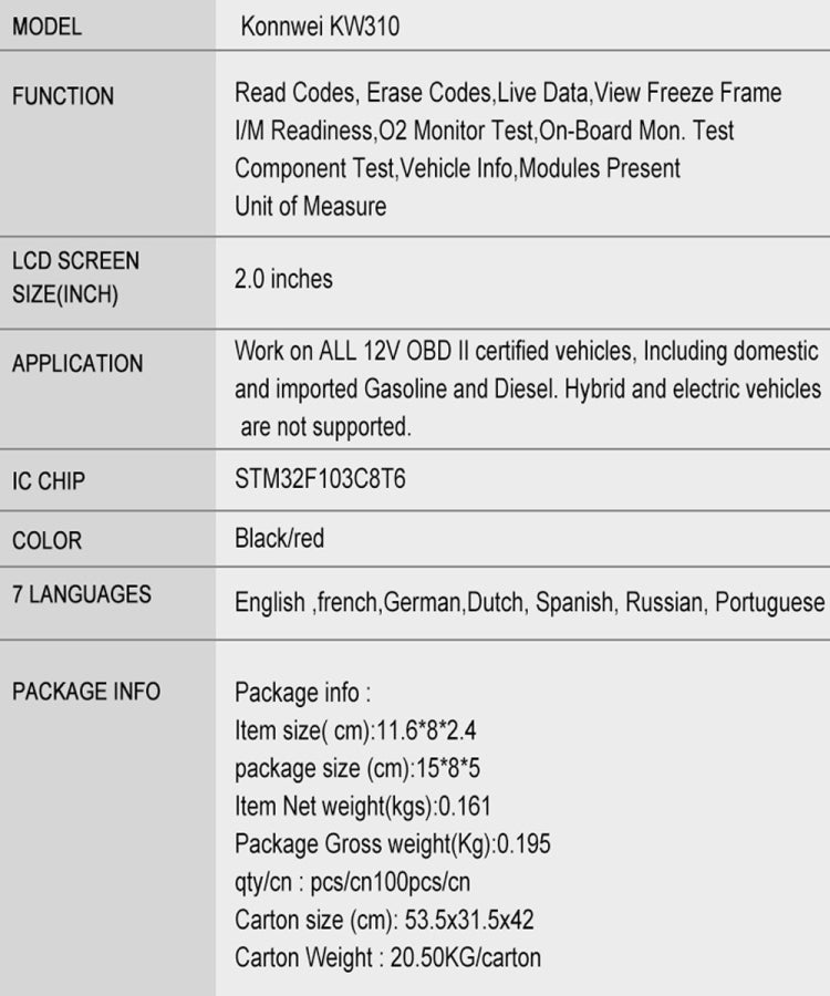 KONNWEI KW310 OBD Car Fault Detector Code Reader ELM327 OBD2 Scanner Diagnostic Tool(Red) - Code Readers & Scan Tools by KONNWEI | Online Shopping South Africa | PMC TechLife | Buy Now Pay Later Mobicred