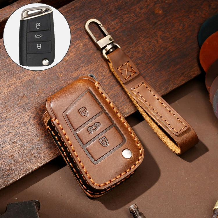 Hallmo Car Cowhide Leather Key Protective Cover Key Case for Volkswagen Lavida B Style(Brown) - Car Key Cases by Hallmo | Online Shopping South Africa | PMC TechLife | Buy Now Pay Later Mobicred