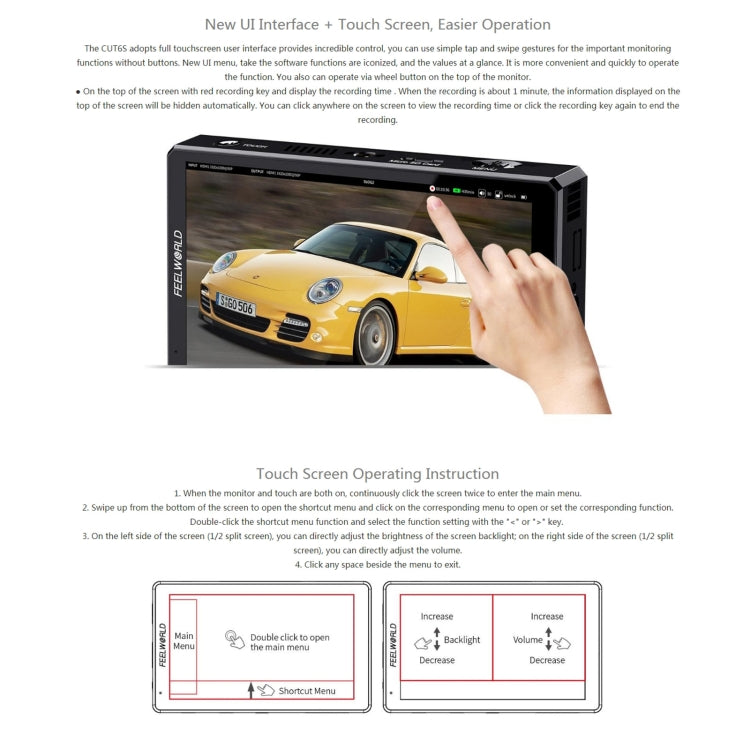 FEELWORLD CUT6S 6-inch Touch Screen Monitor Recorder FHD IPS 4K HDMI 3G-SDI Camera Field Monitor (Black) - On-camera Monitors by FEELWORLD | Online Shopping South Africa | PMC Jewellery | Buy Now Pay Later Mobicred