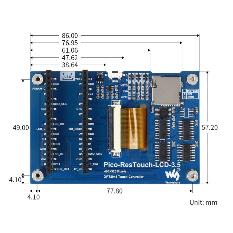 WAVESHARE 3.5 inch 65K Colors 480 x 320 Touch Display Module for Raspberry Pi Pico, SPI Interface - free shipping - PMC TechLife - Order now!